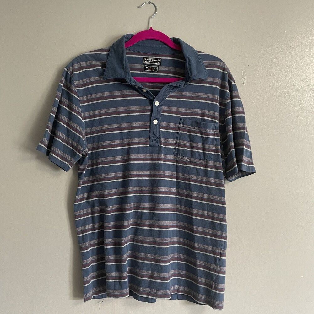 Lucky Brand Mens Large Slim Fit Blue Vintage Inspired Polo Short Sleeves
